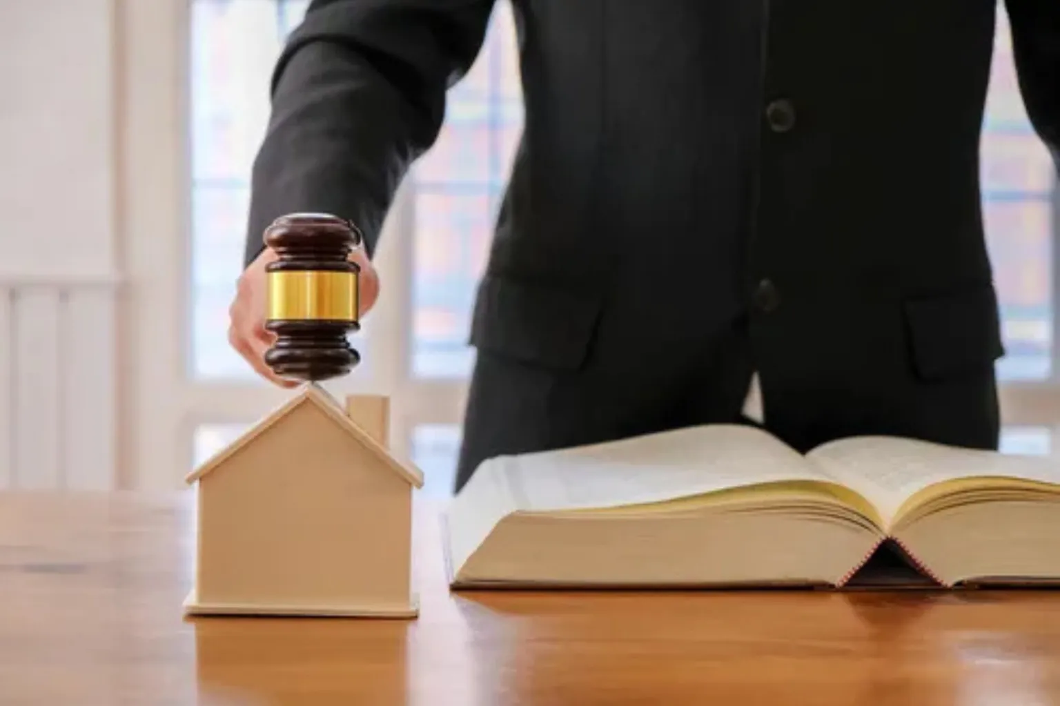 A lawyer holding a gavel, positioned over a model house as if ready to destroy it, in front of an open book.
